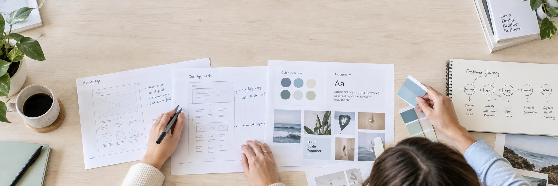 Digital agency project planning on a naturally light worktable