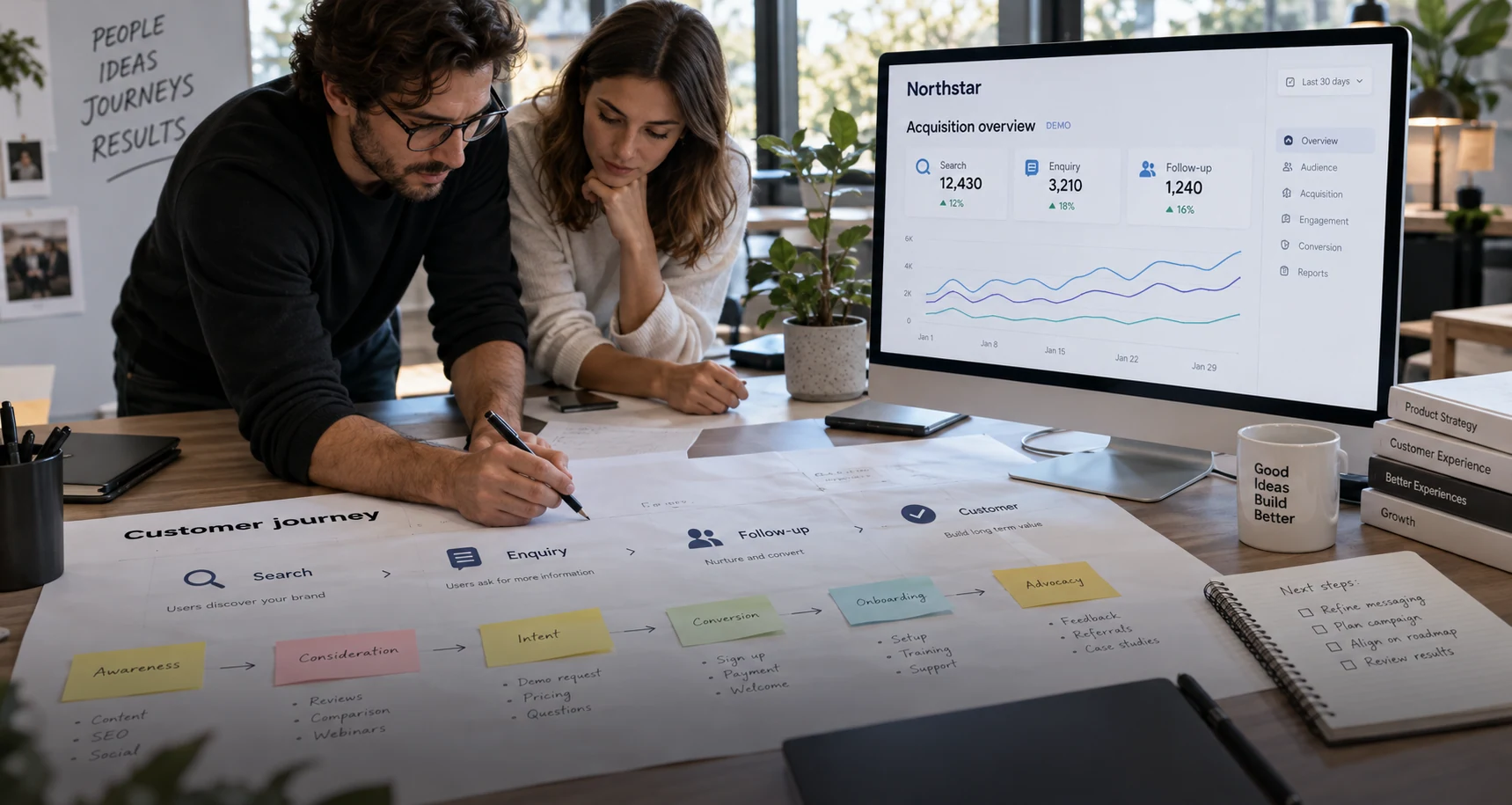 Wide photographed strategy desk with an expansive printed customer-journey map and a desktop monitor showing 'Northstar / Acquisition overview / DEMO' with search, enquiry and follow-up steps