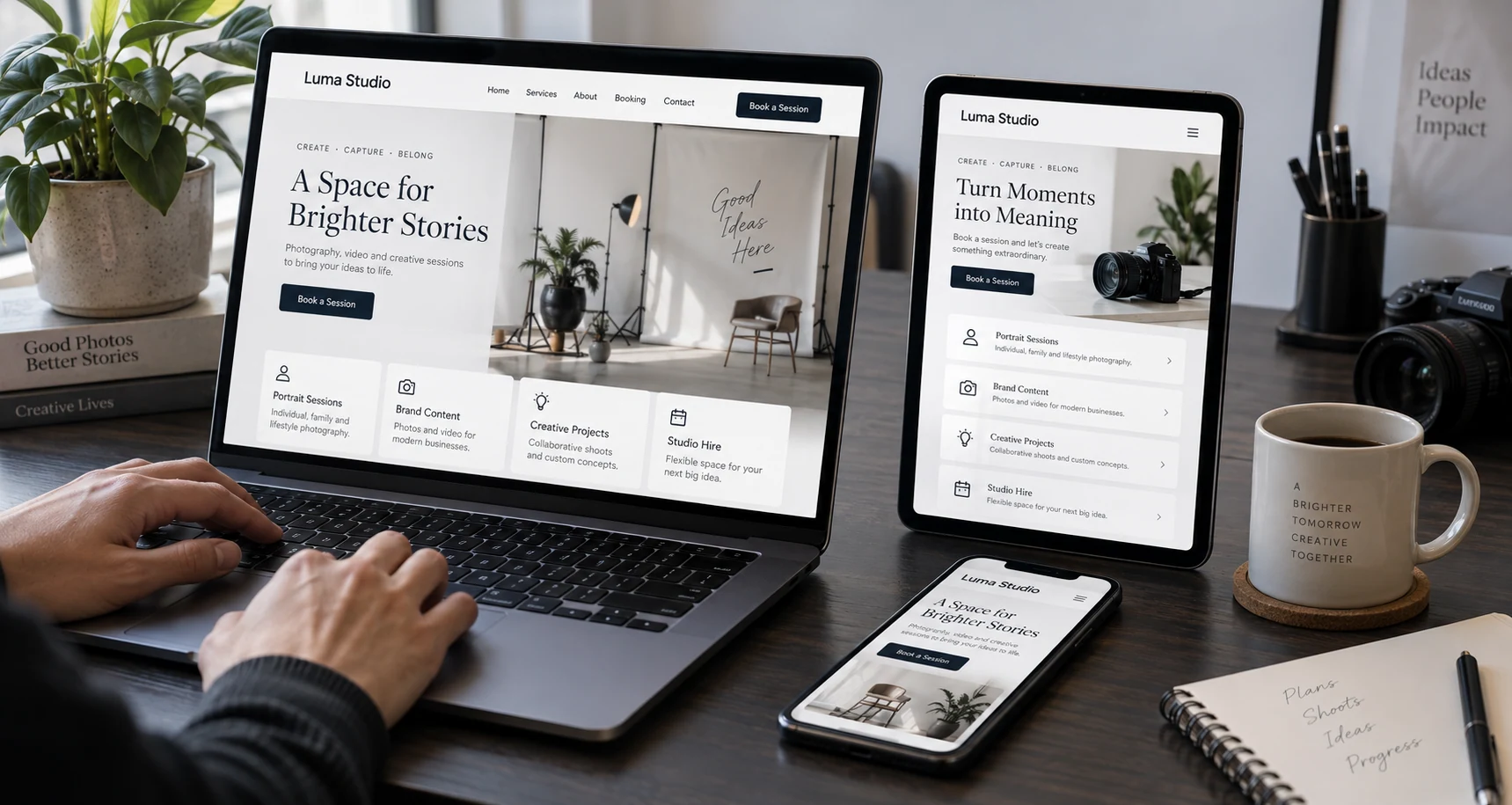 Wide creative product desk: laptop, tablet upright and phone lying on desk show responsive versions of 'Luma Studio', a booking website with meaningful service cards