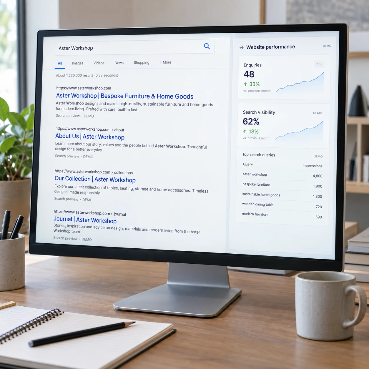 Square close editorial shot of a desk monitor showing recognizable web search results for a fictional business 'Aster Workshop' with blue titles, short snippets and 'Search preview / DEMO'