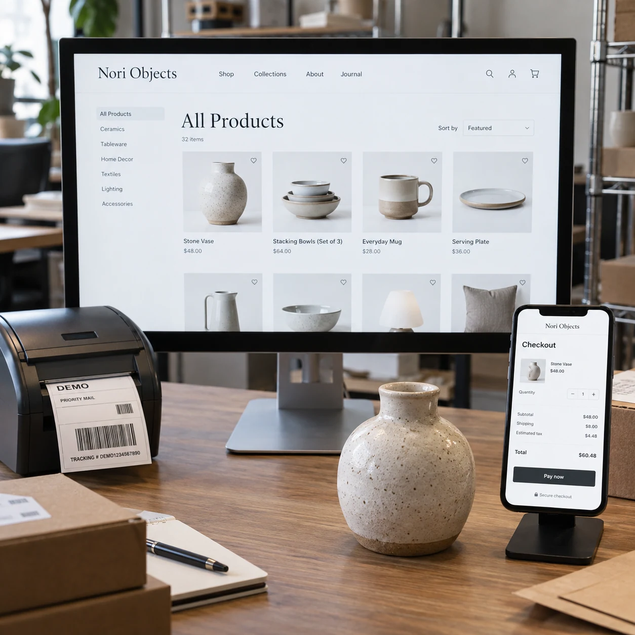 Square close photography of a shop workstation, a desktop monitor with 'Nori Objects' product catalogue and a small phone on a stand showing checkout