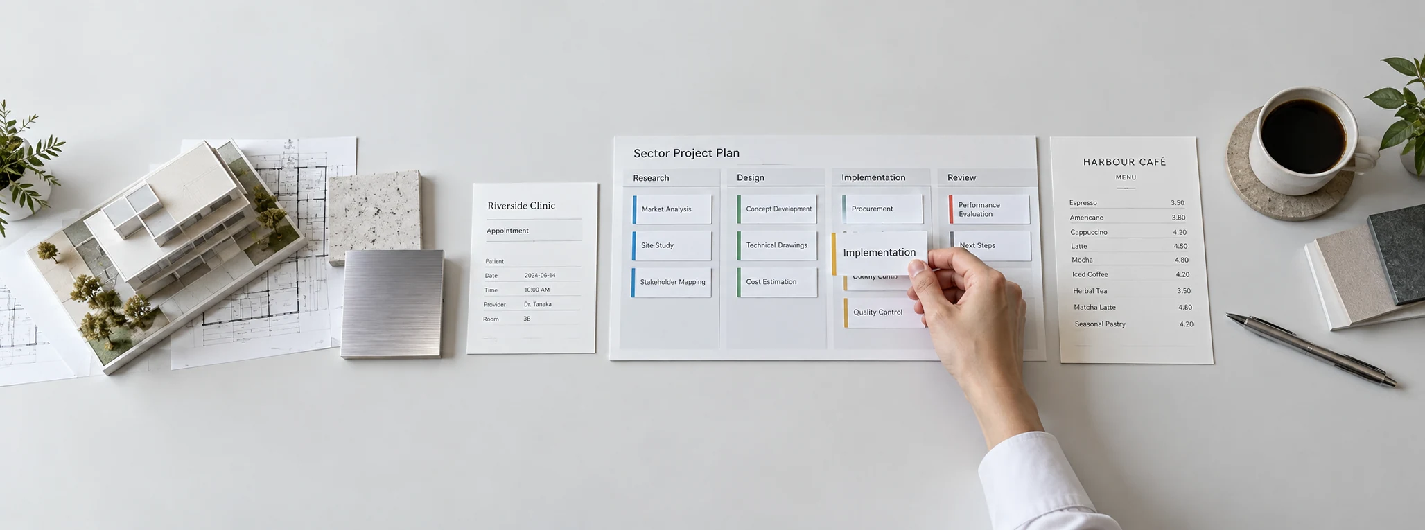 Overhead business solutions tabletop: a small architectural model, industrial metal sample, clinic appointment card and cafe menu next to an organised sector project plan