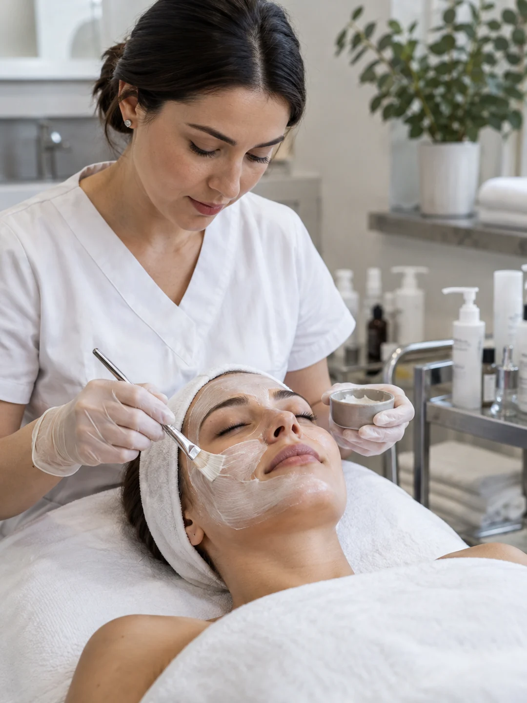 Skincare professional treating a client in a clean clinic