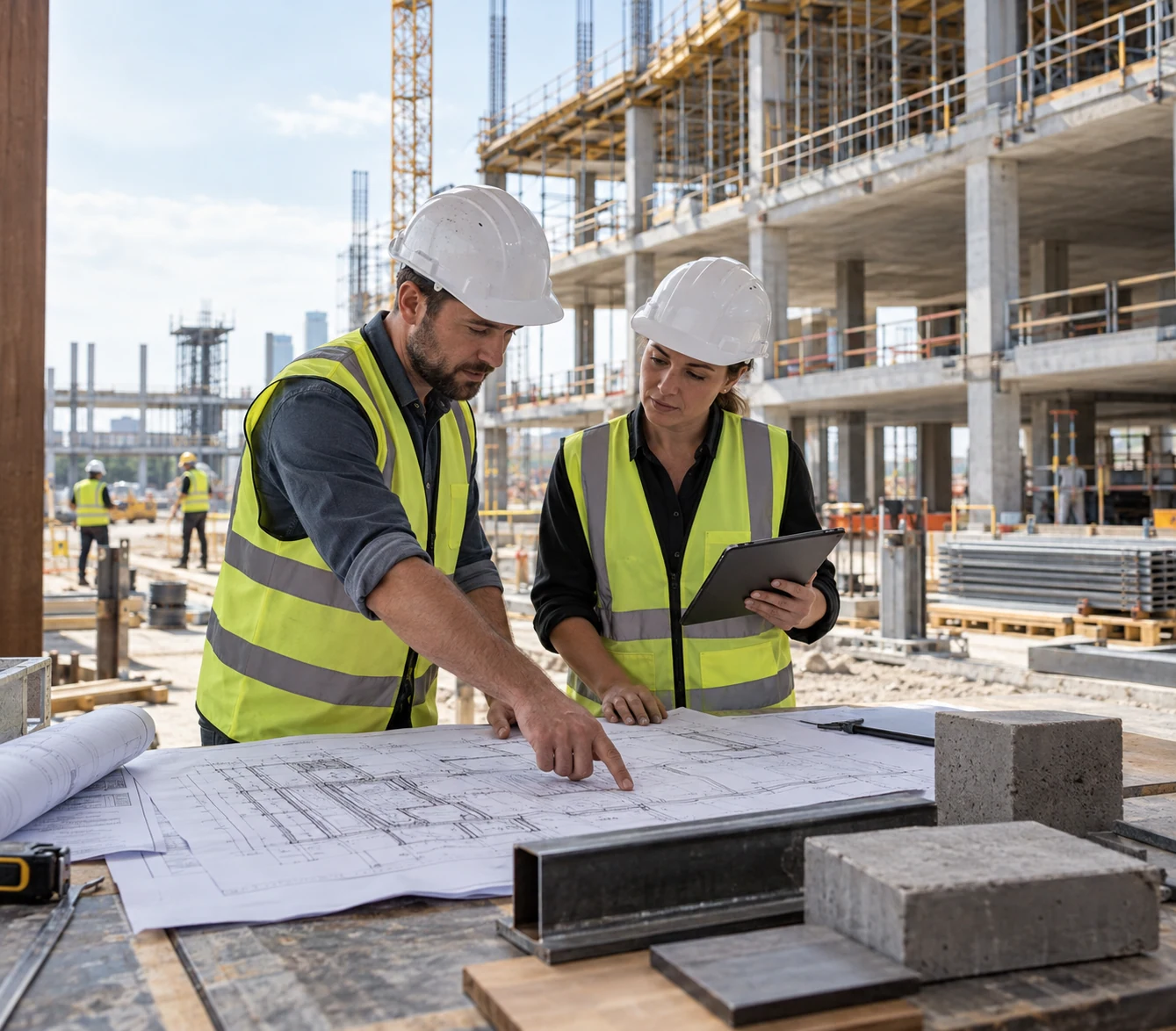 Editorial architectural site coordination: printed structural plan and real concrete/steel material samples on foreground table, two engineers discuss a drawing at side, active commercial construction visible behind