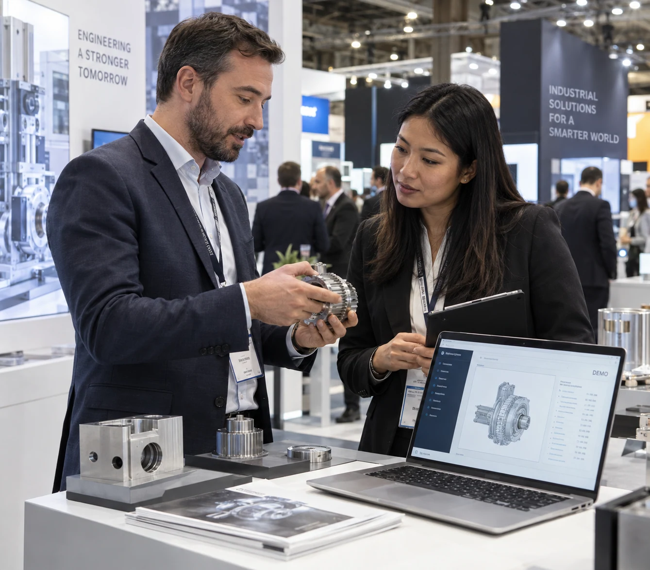 International industrial trade exhibition, close business meeting at a booth with actual machine component sample and product catalogue, two business representatives discussing specifications