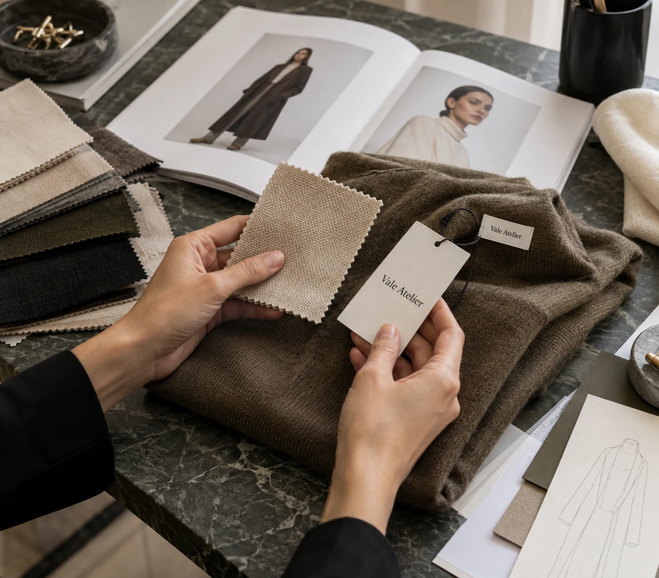Editorial fashion identity worktable with fabric swatches, printed lookbook, branded tag reading 'Vale Atelier' and folded garment