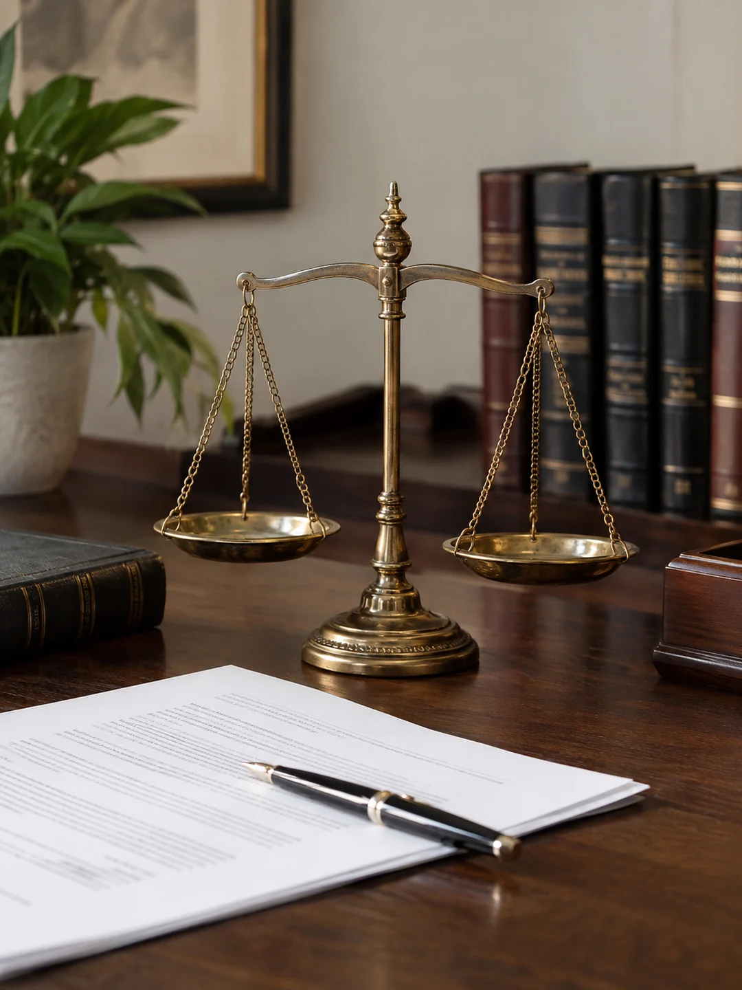 Scales of justice, legal documents and reference books