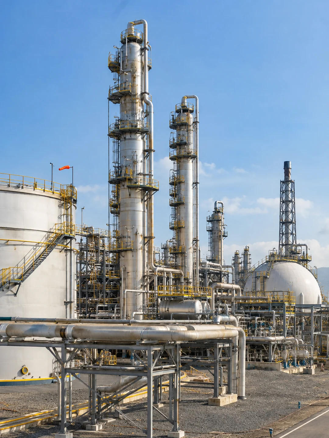 Oil and gas processing facility with pipelines and industrial towers