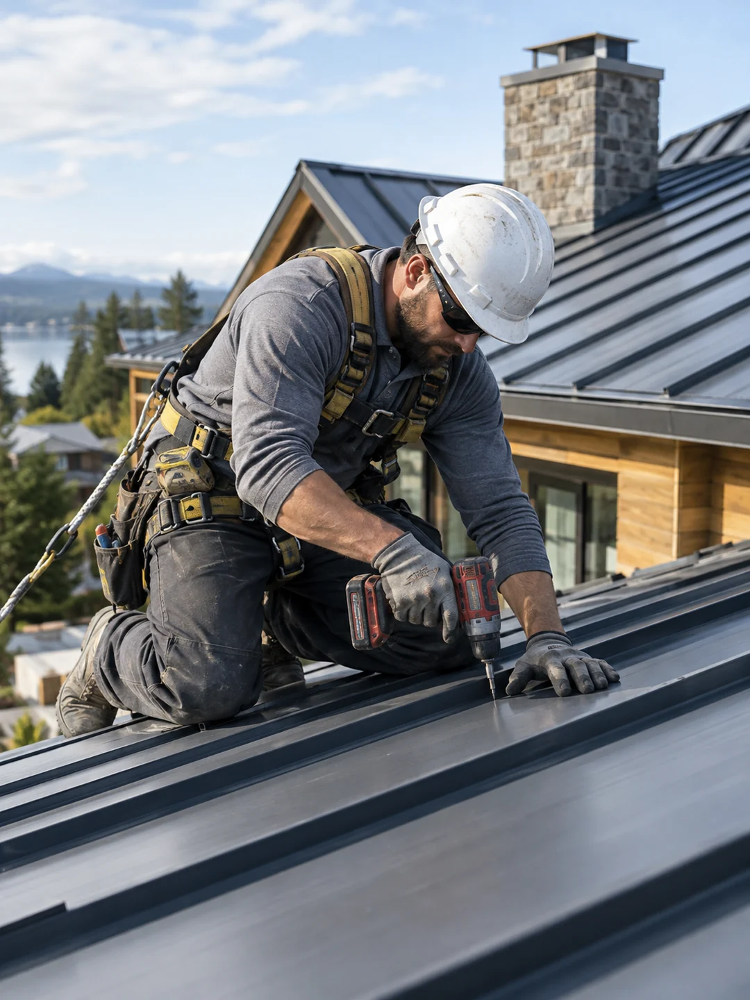 Roofing specialist installing metal roof panels