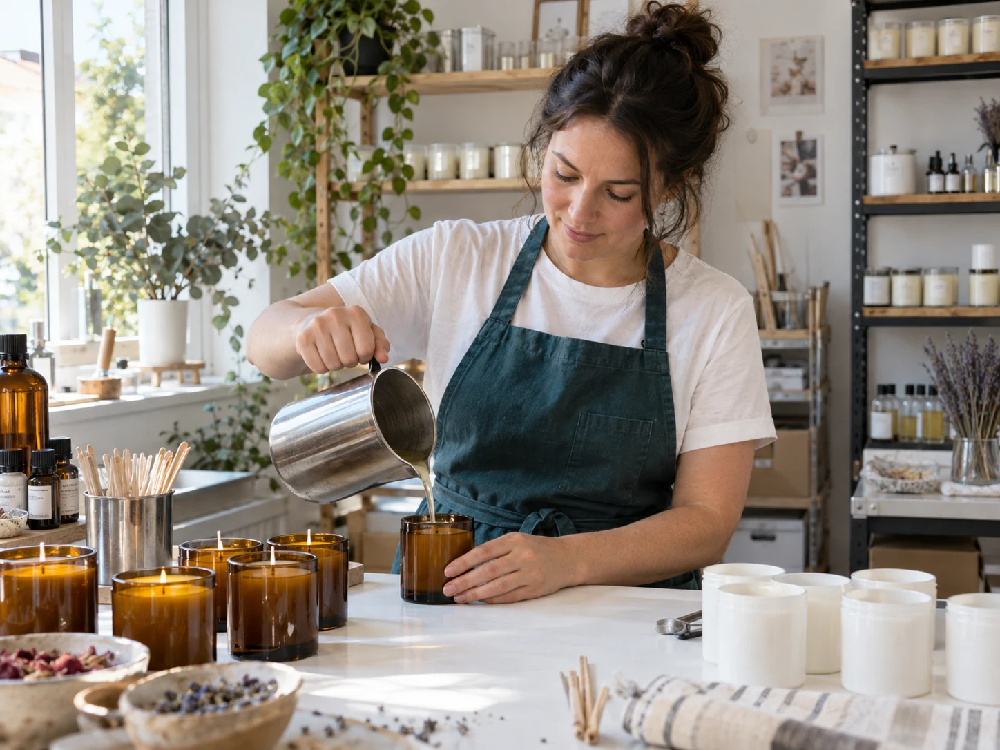 Small-business owner pouring scented candles in her workshop
