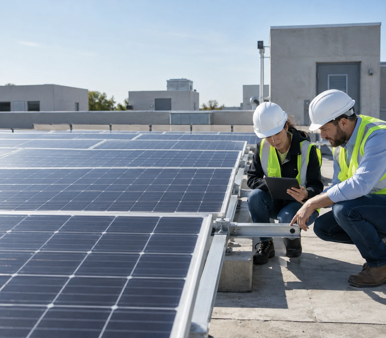 Realistic solar installation on a flat concrete rooftop among low-rise contemporary concrete buildings