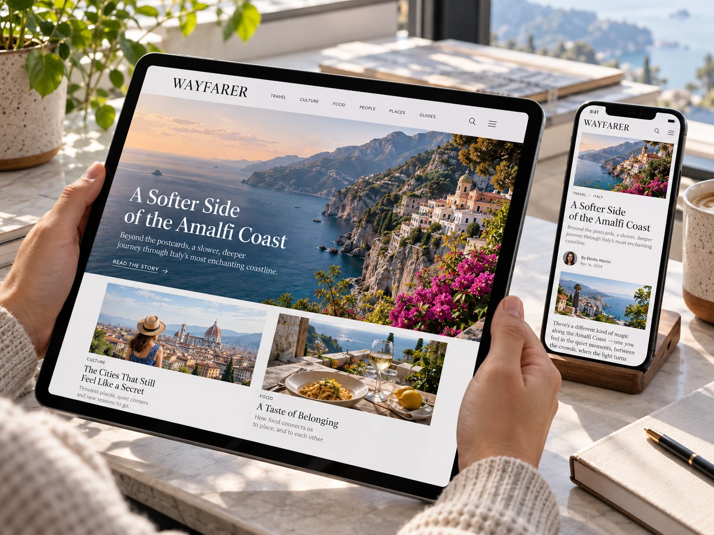 Digital magazine open on a tablet and smartphone