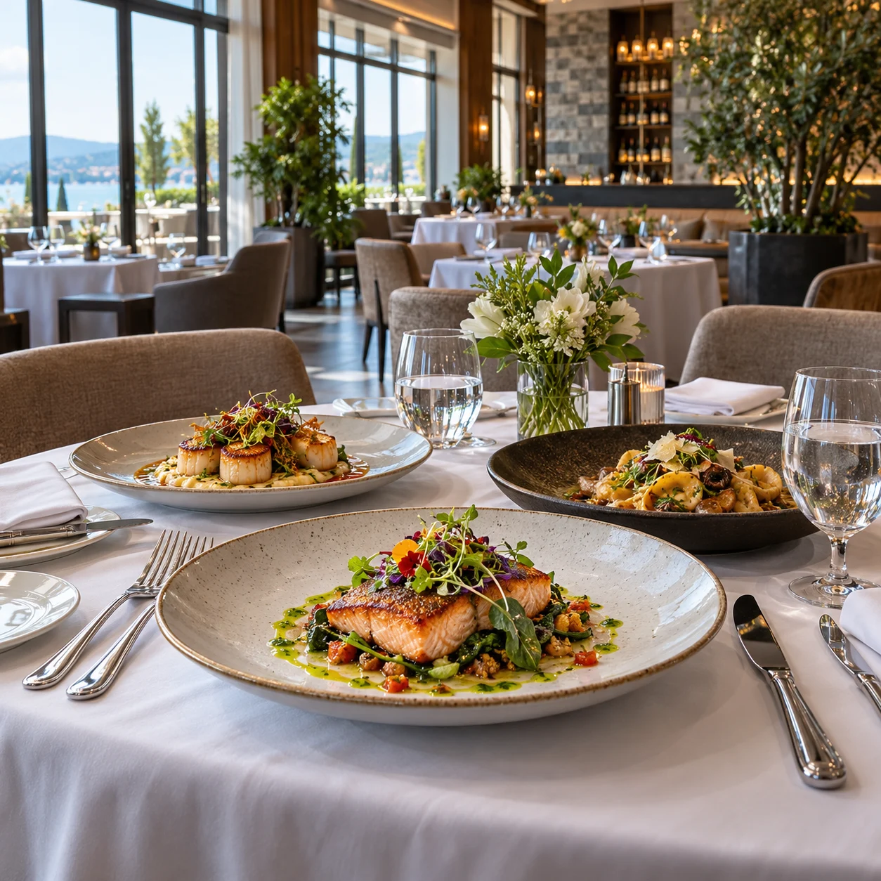Fine dining restaurant interior with a table set with luxurious plated food
