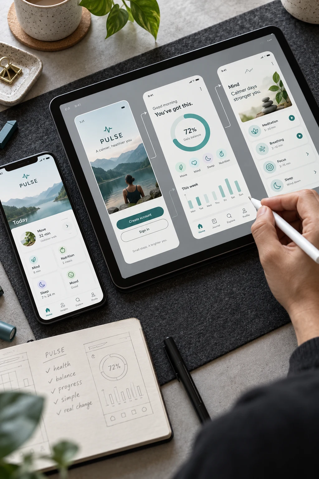 Tall portrait physical tablet and smartphone on a designer's desk showing same 'Nexa Desk' application, crisp appointment UI and mobile booking view