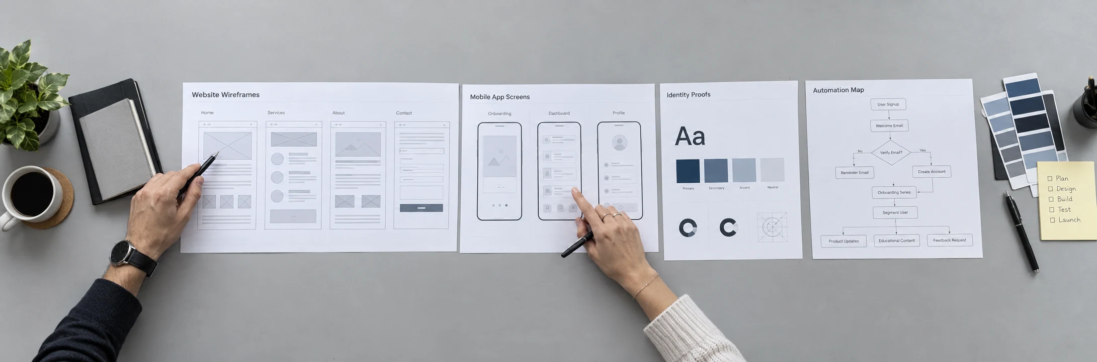 Overhead photographed agency delivery workbench on a neutral light-grey technical mat