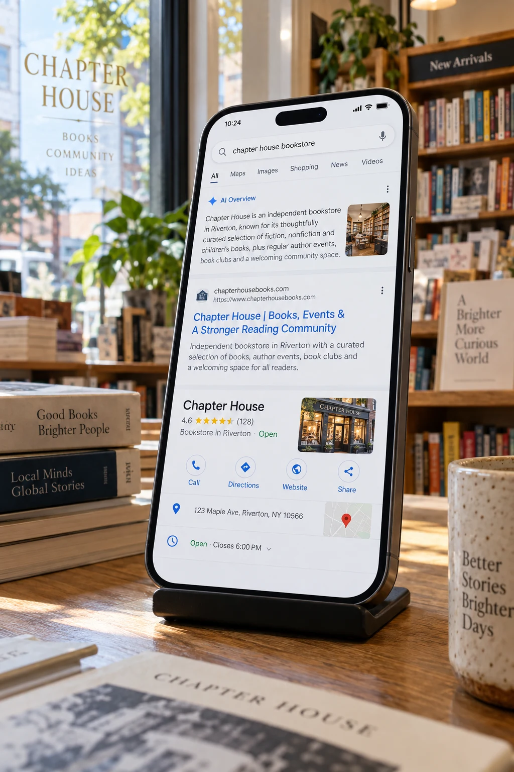 Tall portrait close-up upright tablet on a desk stand showing recognizable search results titled 'Search preview / DEMO' for fictional 'Aster Care'; blue link headings and short snippets, one AI answer section within screen