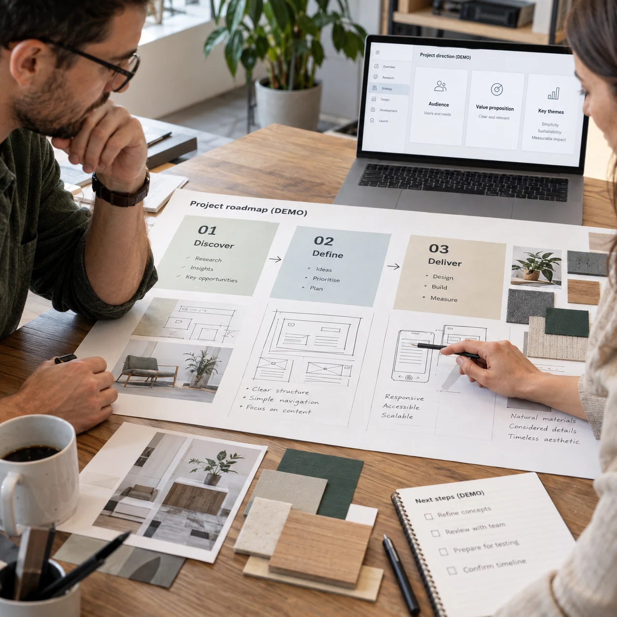 Square genuine designer-client workshop viewed obliquely over a large printed roadmap