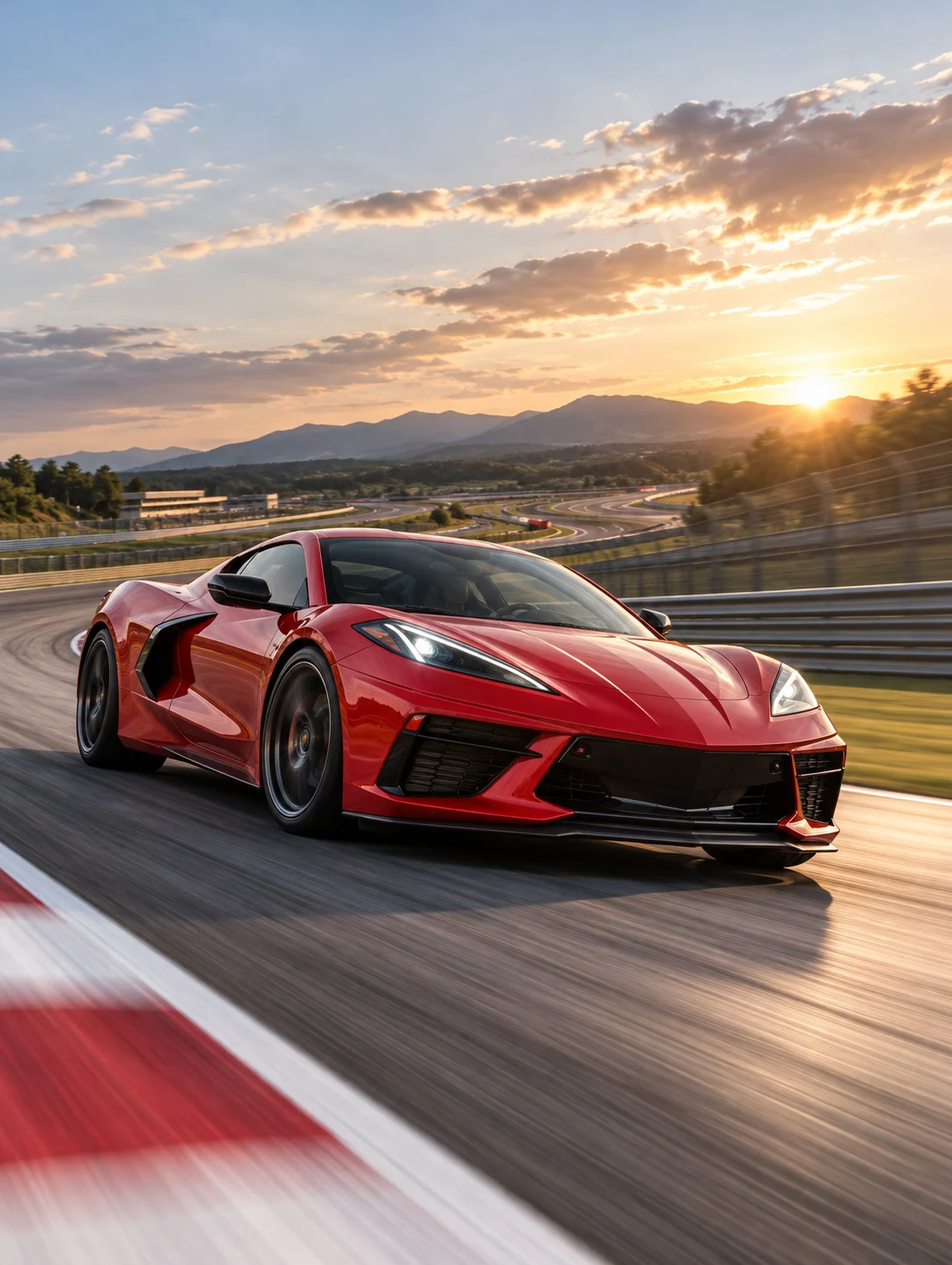 A beautiful red performance sports car accelerating ahead on a closed racing track, low dynamic three-quarter angle, controlled motion blur behind, sharp car and realistic track material