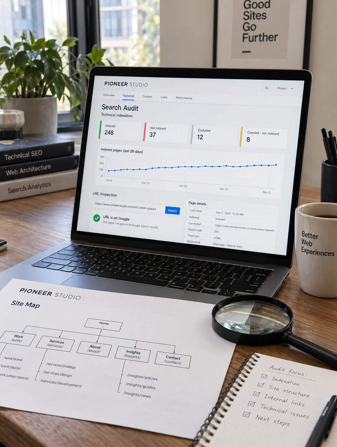 Laptop at an audit desk beside a magnifying glass and a concise printed site map