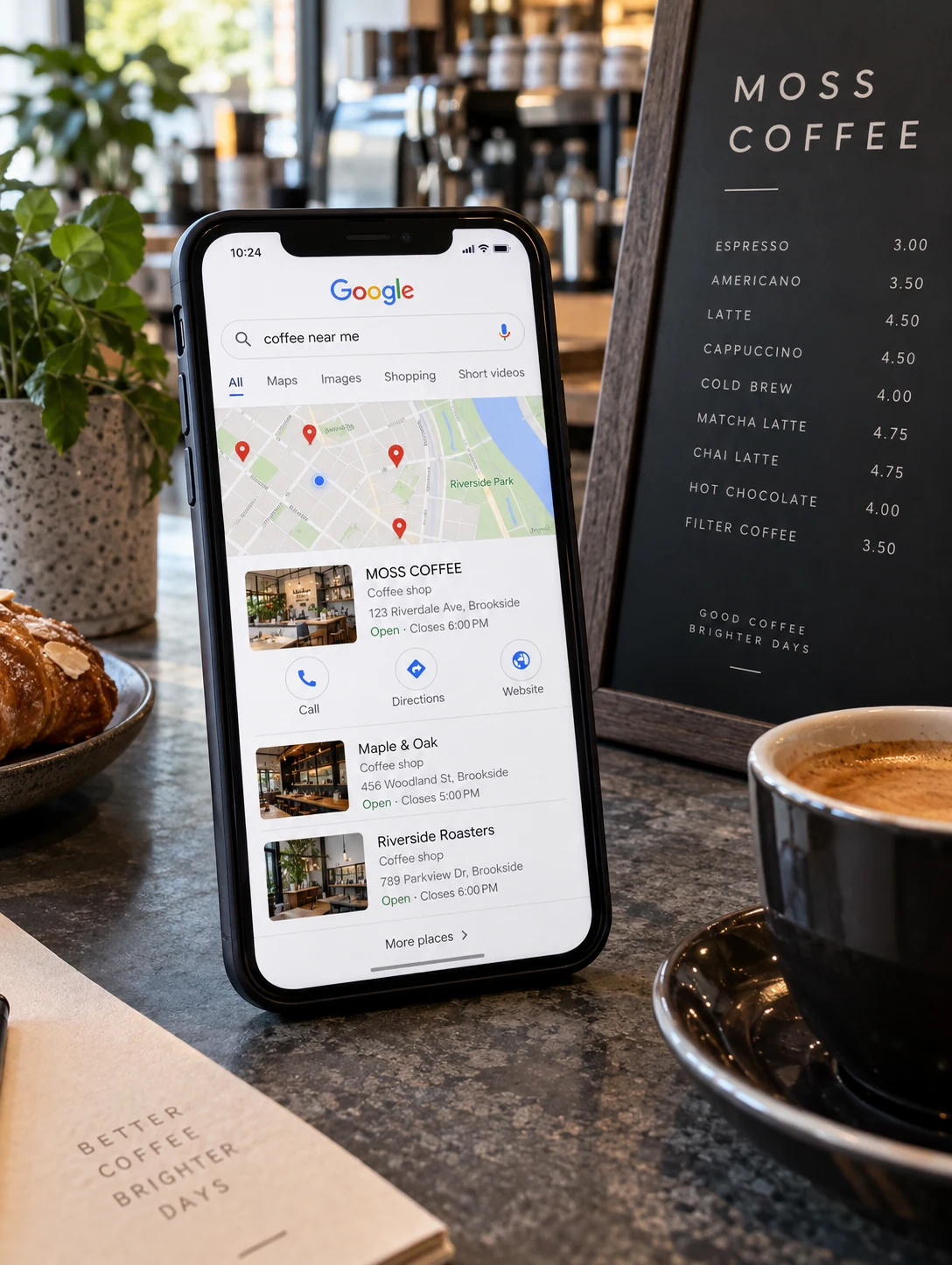Smartphone standing on a counter beside a cafe menu and espresso, showing a recognizable Google local search with map, location pins, opening hours and a fictional cafe result named MOSS COFFEE