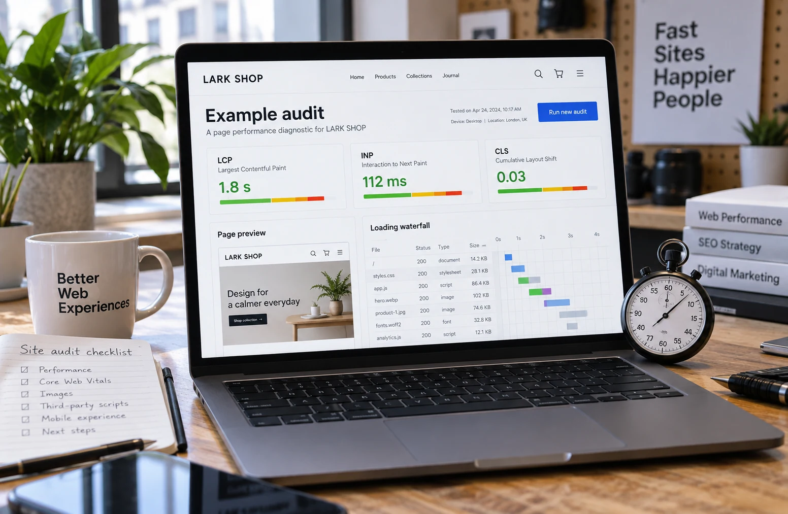A high-quality laptop mockup on a technical review table displaying a credible page performance diagnostic for fictional LARK SHOP with loading waterfall, page preview and clear LCP INP CLS labels