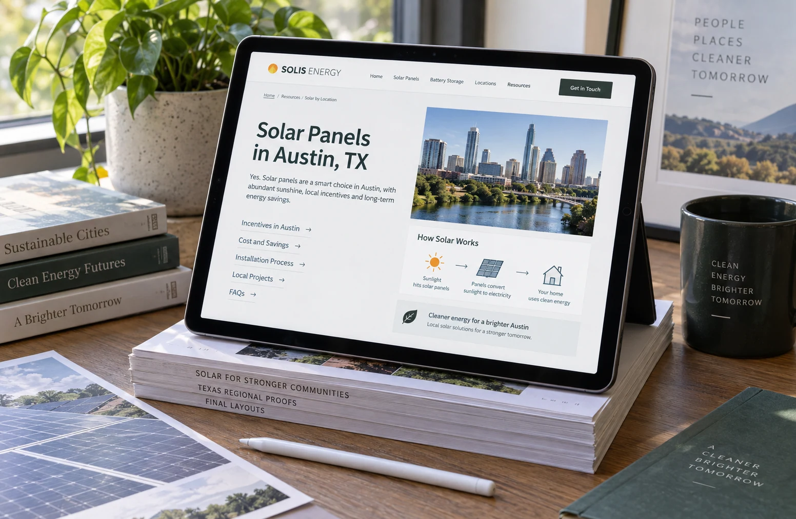 A tablet propped on a stack of editorial proofs, displaying a polished service article for fictional SOLIS ENERGY with clear heading, a short direct answer, diagram and relevant page links
