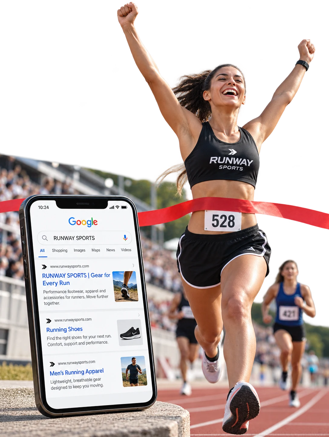 A victorious athlete crosses a finish line in a real athletics track photo, dynamic movement and clean natural colors