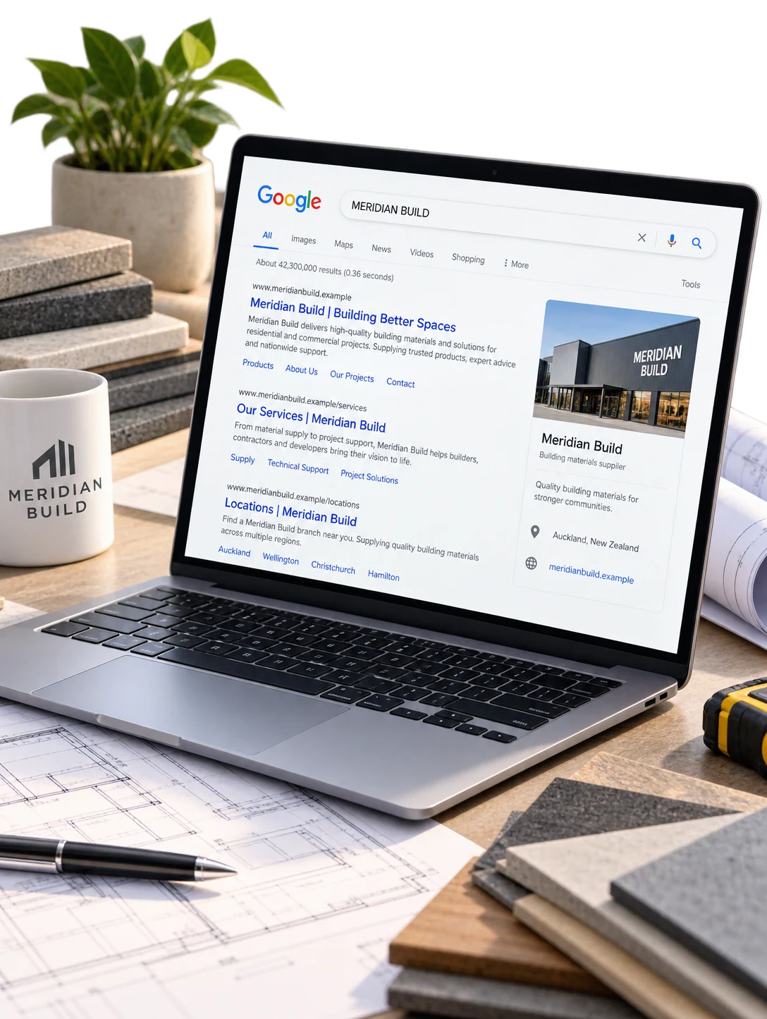 Open laptop on a business planning table showing a faithful recognizable Google organic search page for a fictional company MERIDIAN BUILD, proper colored Google wordmark, search field, tabs, blue organic titles and coherent descriptions; .example domains, no fake rating