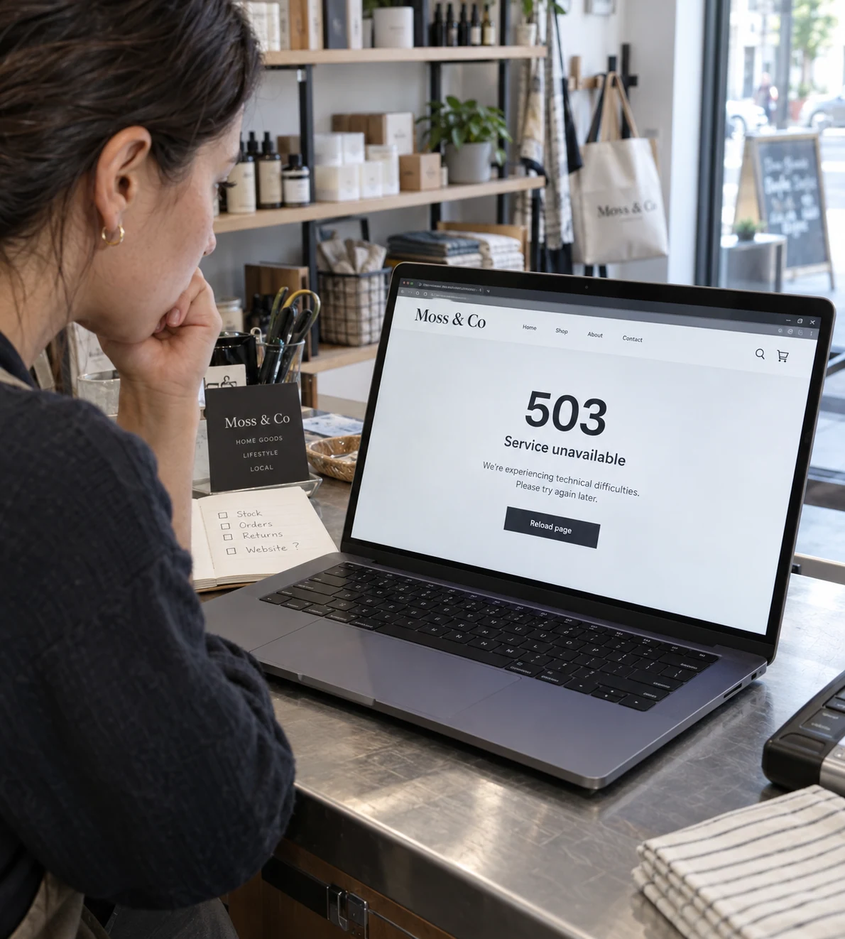 A worried small business owner at their shop counter looks at a laptop with clear '503 Service unavailable' error on fictional 'Moss & Co' store