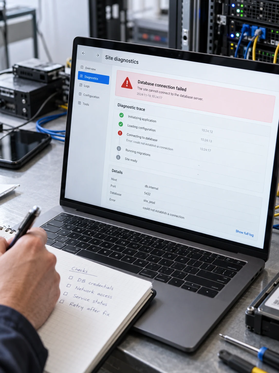 Close diagonal portrait photograph of laptop showing a clear error log and diagnostic trace titled 'Site diagnostics', technician's left hand takes notes on paper beside it