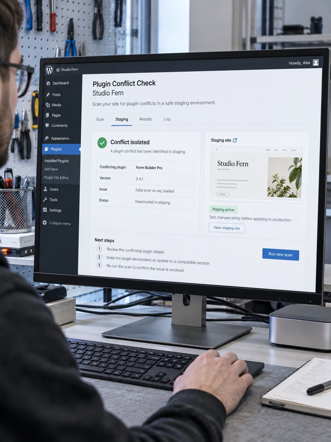 Desktop monitor at repair workstation displays WordPress plugin conflict check for fictional 'Studio Fern', clear 'Conflict isolated', 'Staging'