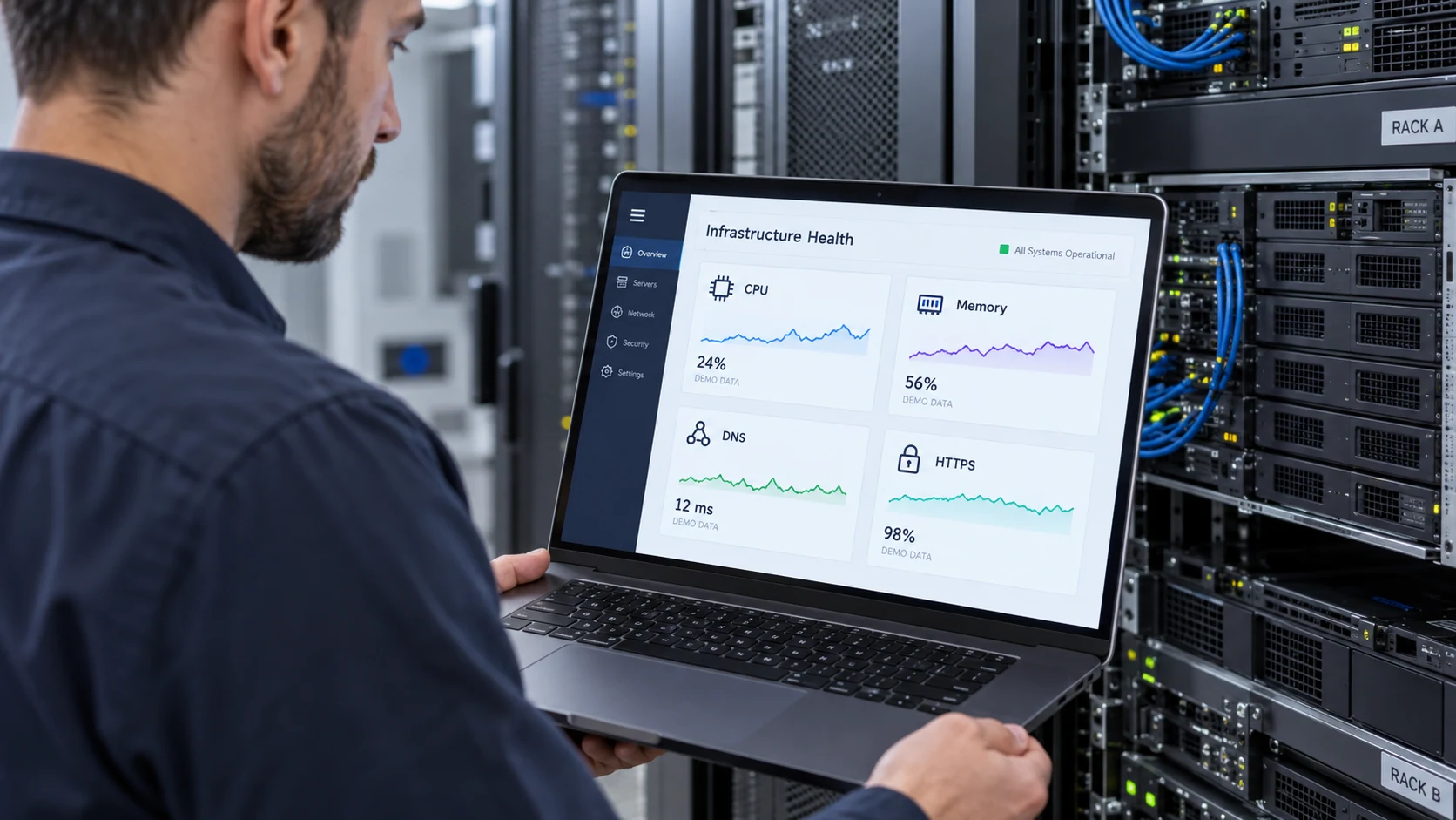 Engineer in a real server maintenance room reviewing a portable laptop resource diagnostic, clear labels 'CPU', 'Memory', 'DNS', 'HTTPS' and stable trend, rack hardware secondary