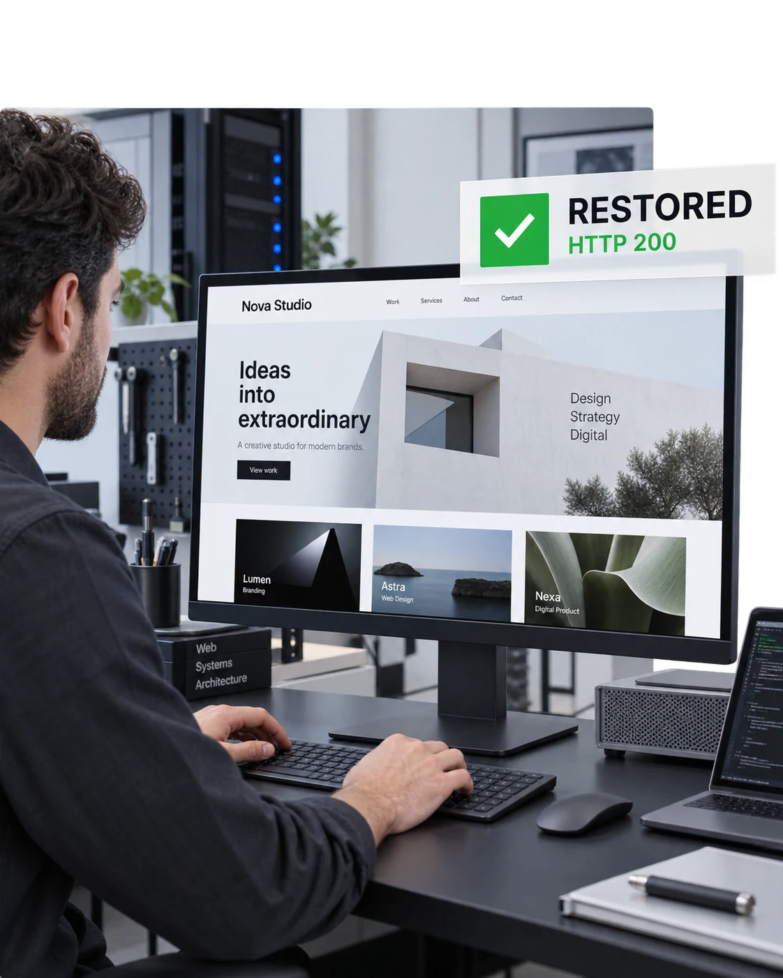 A technician at an authentic computer workstation, three-quarter side angle, large monitor displaying a restored fictional 'Nova Studio' website