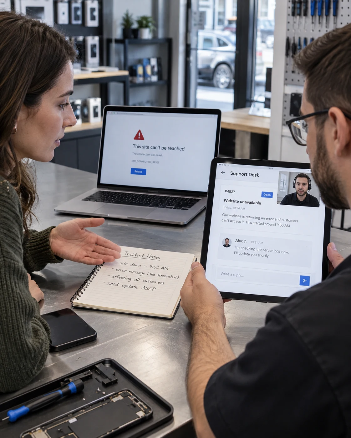 Client sitting at a shop counter beside laptop showing website error, support ticket on tablet titled 'Support Desk', technician responding via small video tile within screen