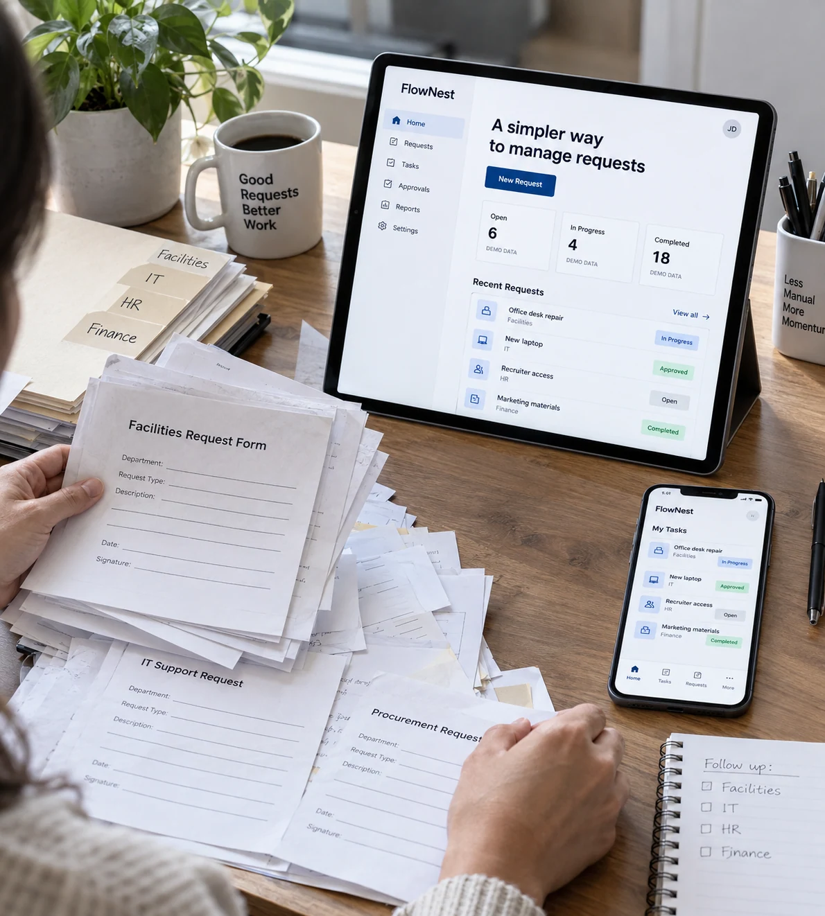 Close view of a person comparing a cluttered paper request process with a clear fictional 'FlowNest' mobile app on tablet propped at their desk; a phone lying face-up displays matching task status