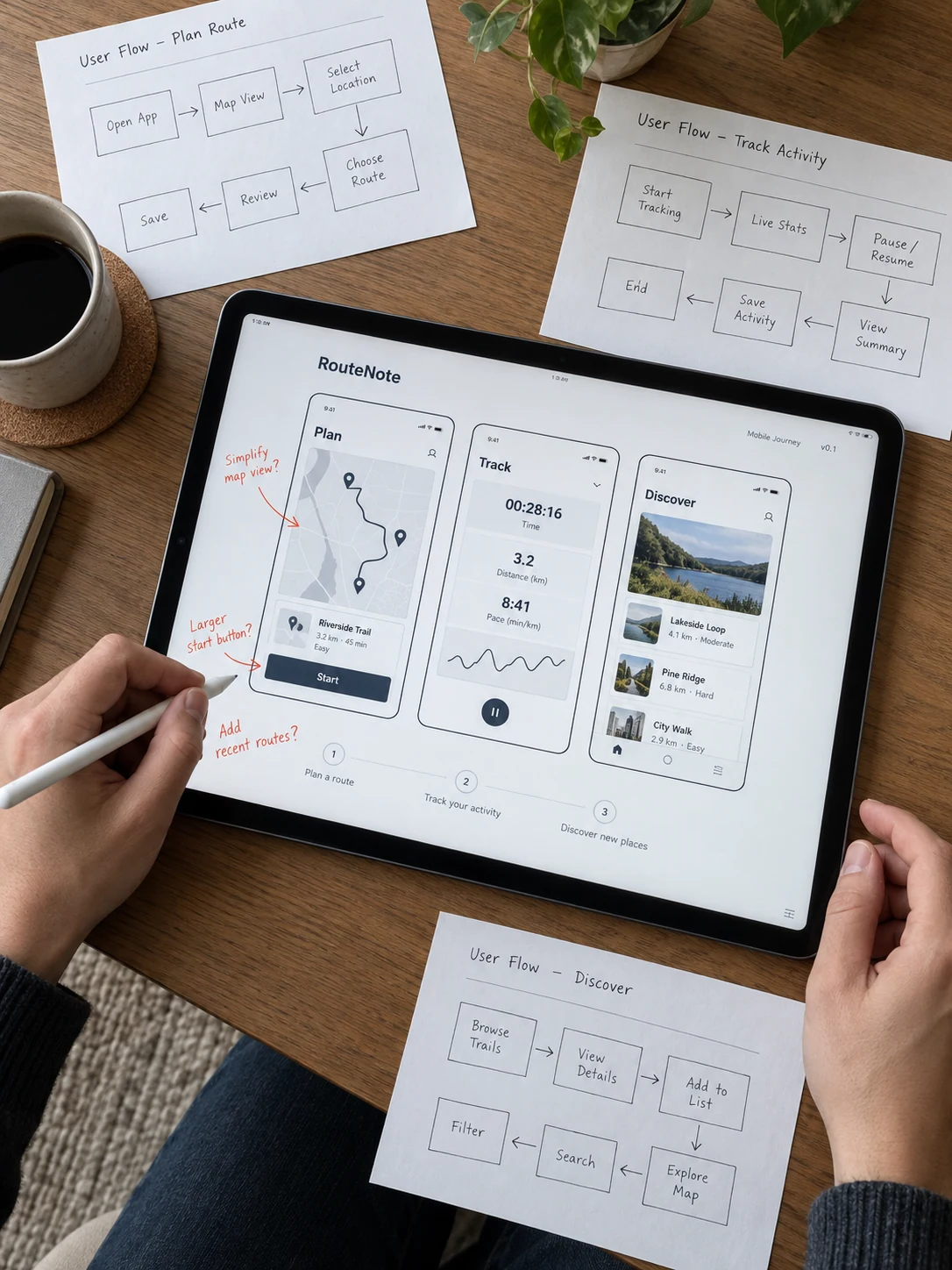Top-down portrait composition of tablet displaying 'RouteNote' mobile journey wireframes, stylus held in left hand annotating margin, three paper user-flow sketches around tablet