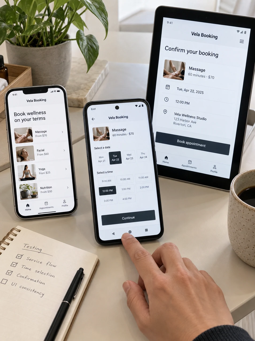 Two different real phones and one small portrait tablet on a product test bench display the same 'Vela Booking' appointment flow at different stages; a tester's fingertip lightly touches the lower navigation edge, labels and content unobscured.