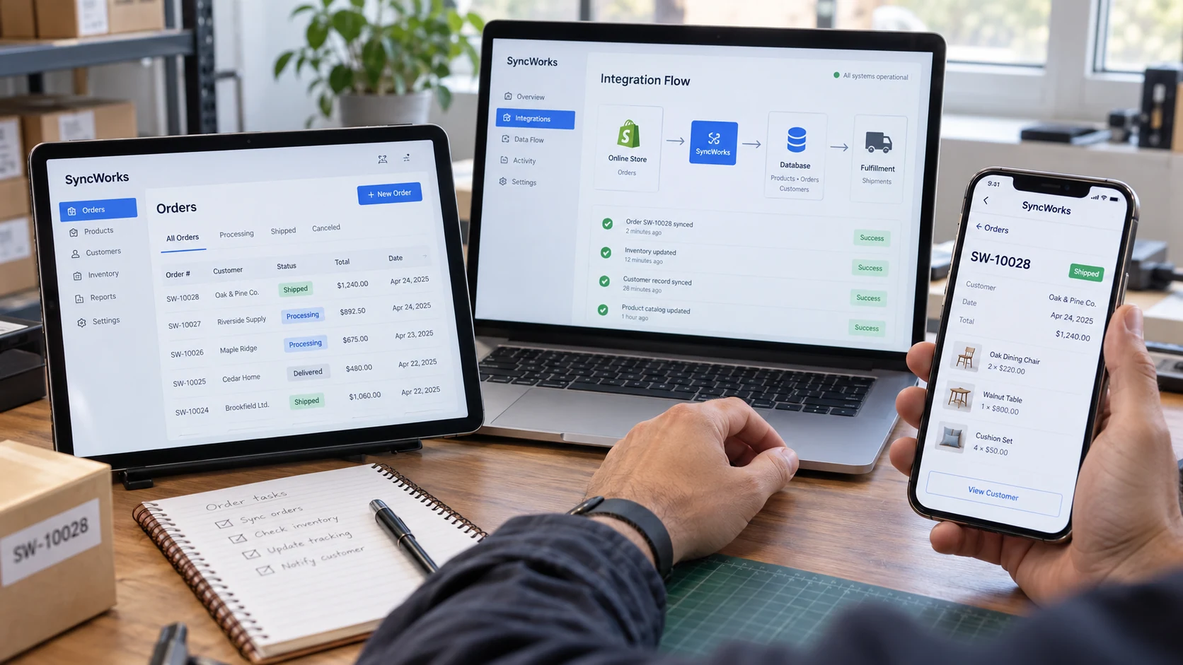 Phone and tablet foreground show a fictional 'SyncWorks' order application with visible connected record, while laptop behind displays a simple matching data and integration flow inside its physical screen