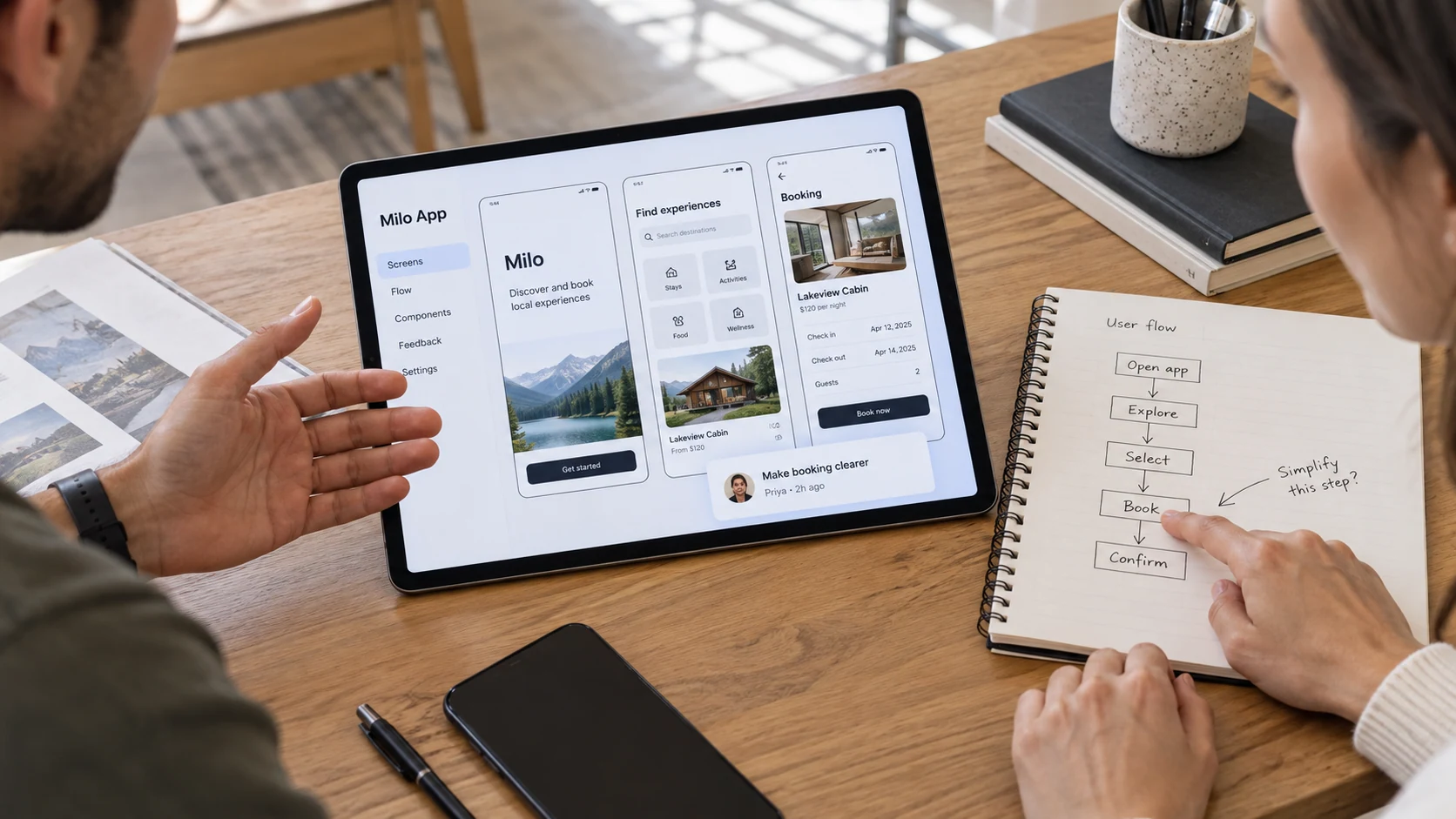 A designer and customer discuss mobile app screens on a landscape tablet resting between them, faces cropped, notebook maps steps, one finger points to paper not screen