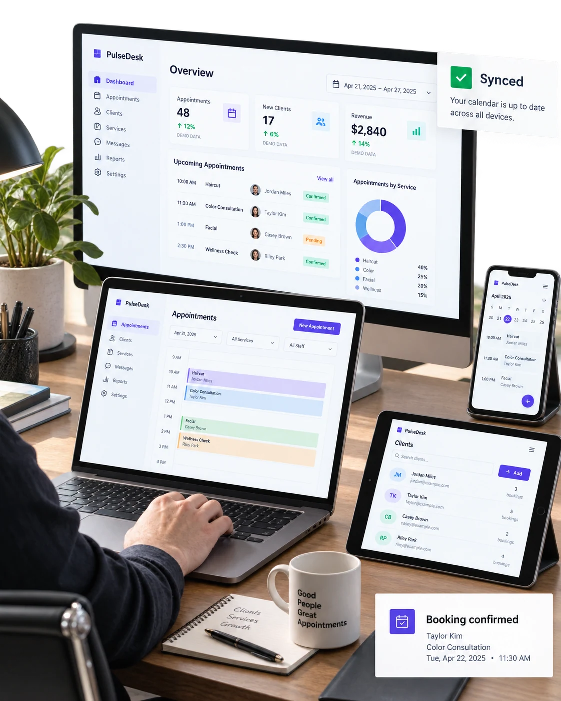 Photoreal contextual multi-device arrangement: desktop monitor behind open laptop, tablet angled horizontally and phone on stand show a coherent fictional 'PulseDesk' appointment platform