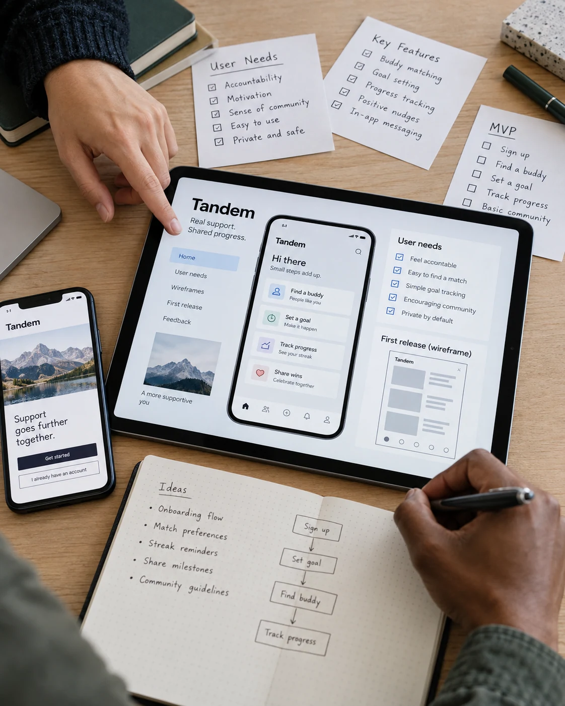 Portrait close photo of two collaborators framing a mobile app idea, tablet flat on desk with 'Tandem' user needs and first-release wireframe, phone and handwritten needs cards nearby