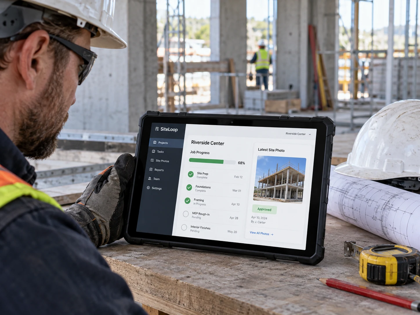 Construction site coordinator seen from side with rugged tablet braced on a workbench showing 'SiteLoop' job progress and approved site photo