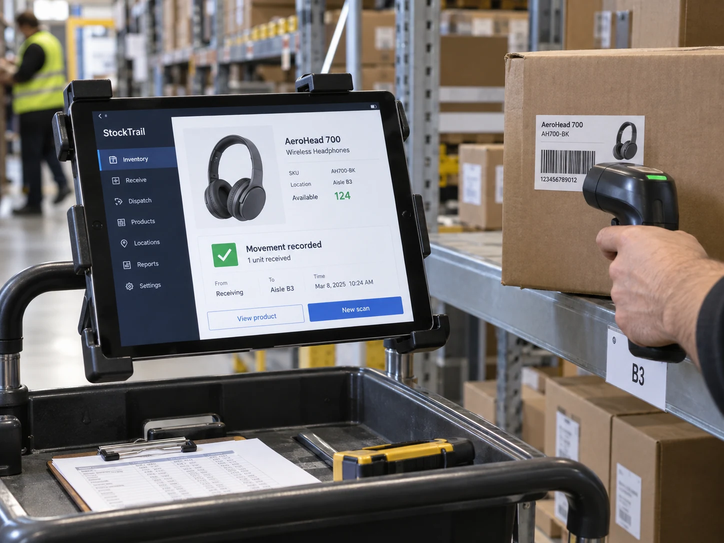 Tablet mounted on warehouse trolley showing fictional 'StockTrail' inventory app with clear product photo, available quantity and movement confirmation