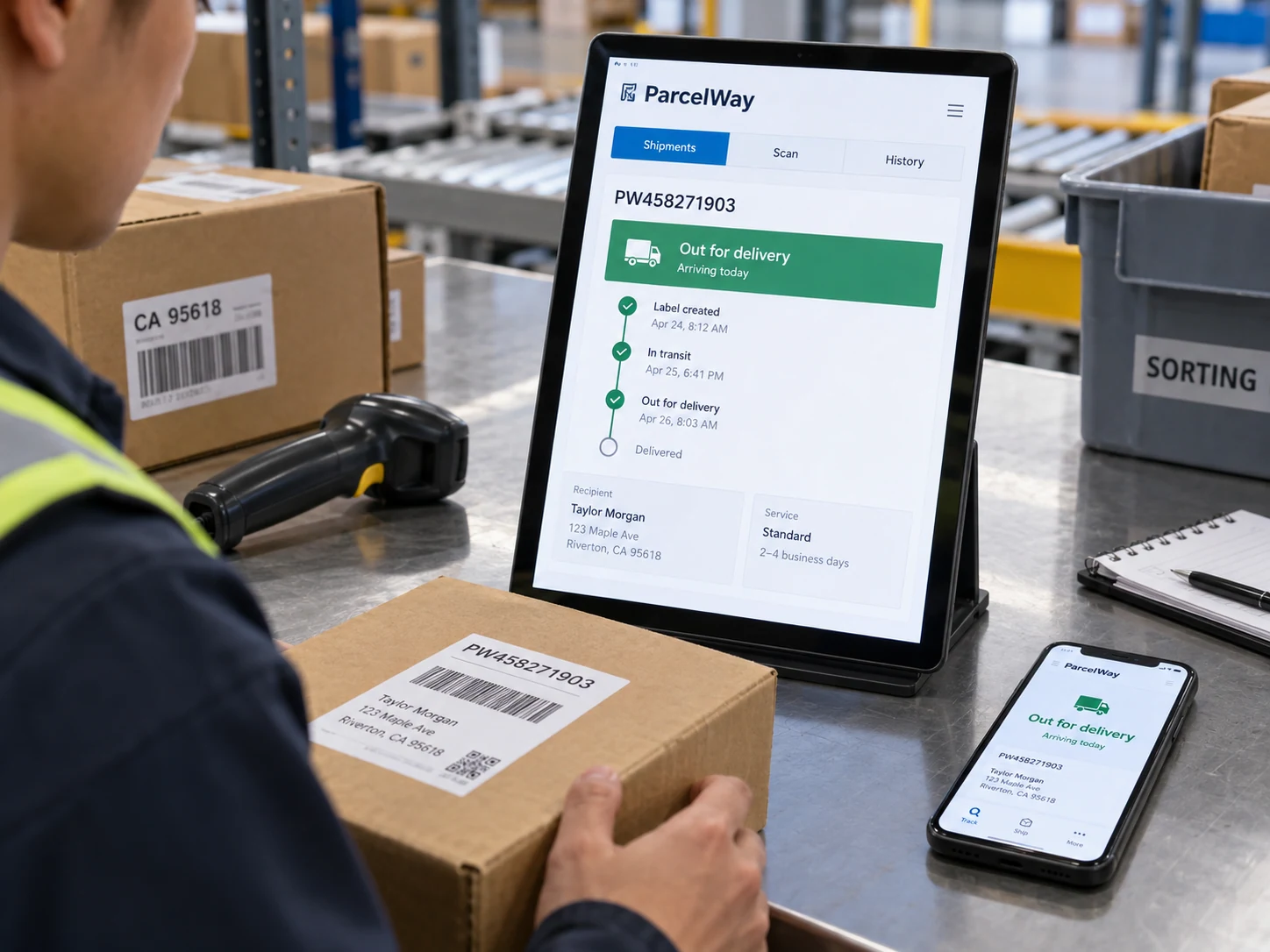 Courier at a package sorting table checking delivery status on a mounted portrait tablet titled 'ParcelWay', phone lying face-up shows matching 'Out for delivery'