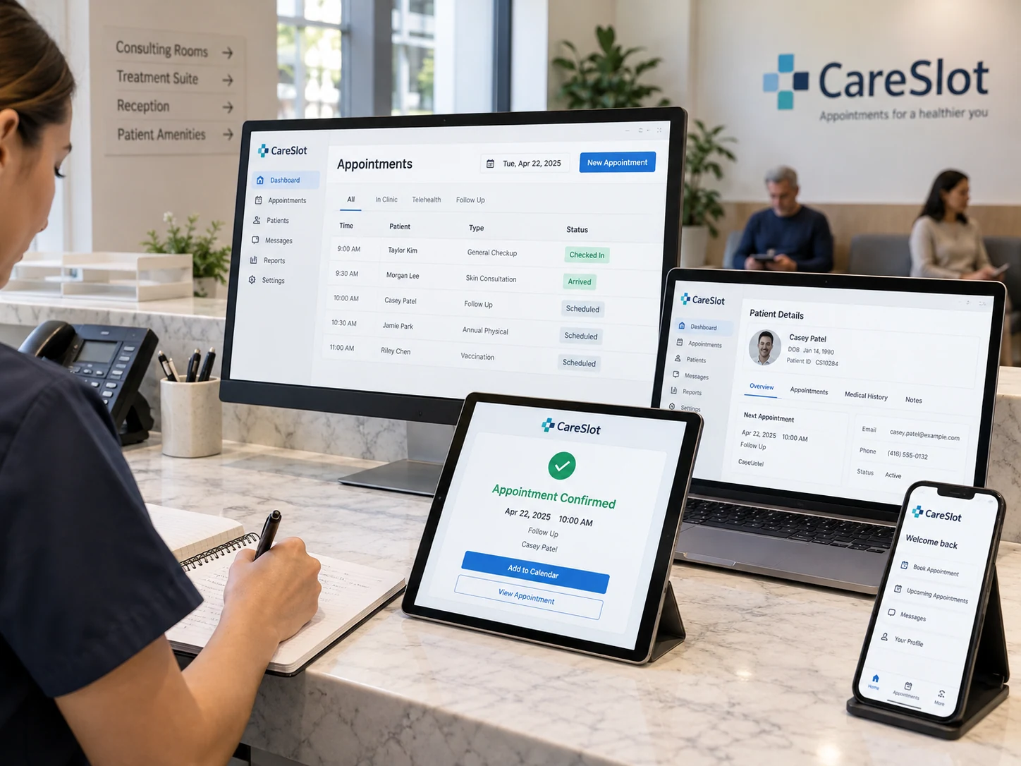 Desktop, laptop, tablet and smartphone grouped coherently on clinic reception workbench displaying the same fictional 'CareSlot' appointment app, tablet shows booking confirmation