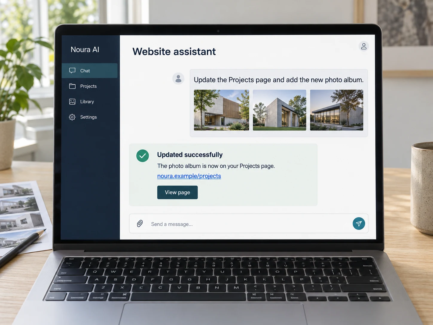 An AI website assistant on a laptop receives a page and photo album update request, confirms success and shares the page link