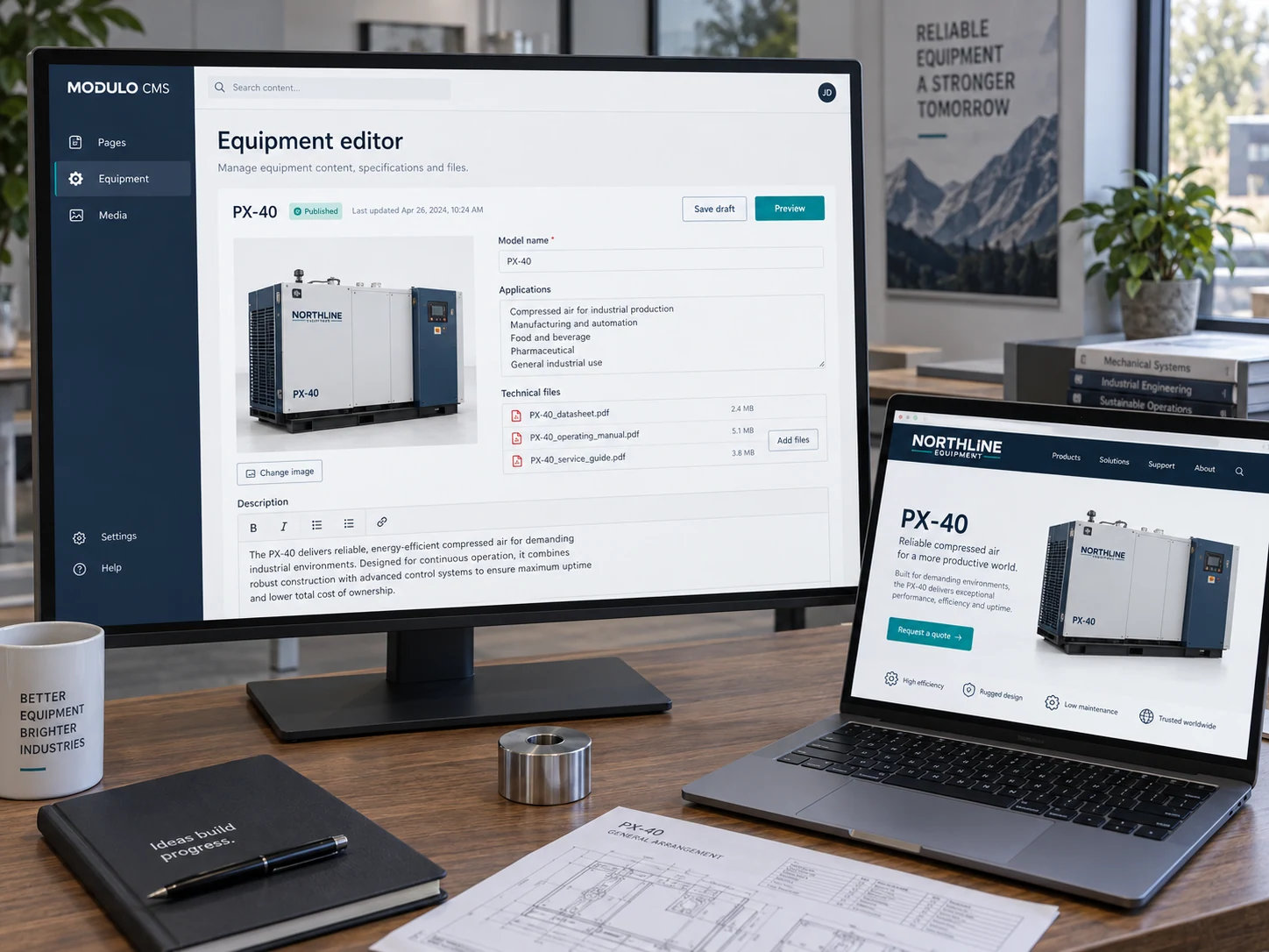A custom equipment content editor on a desktop monitor beside its website preview on a laptop