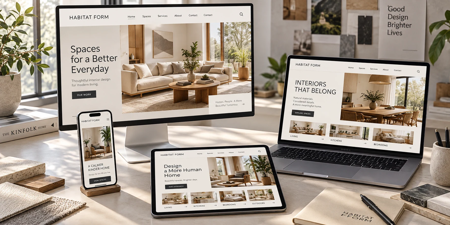 Wide art-directed photograph inspired by reference three: desktop monitor at back left, laptop at right, a landscape tablet on the desk front-center and a phone standing front-left, all showing a coherent premium responsive interior design website named HABITAT FORM