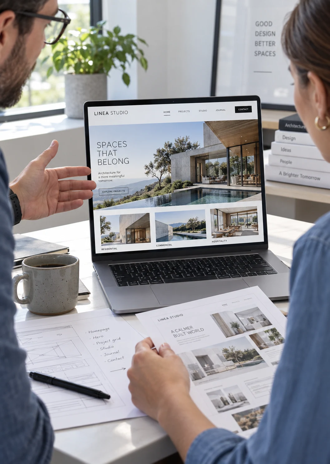 A candid close vertical photograph of a website designer discussing a site prototype with a business client at a studio desk