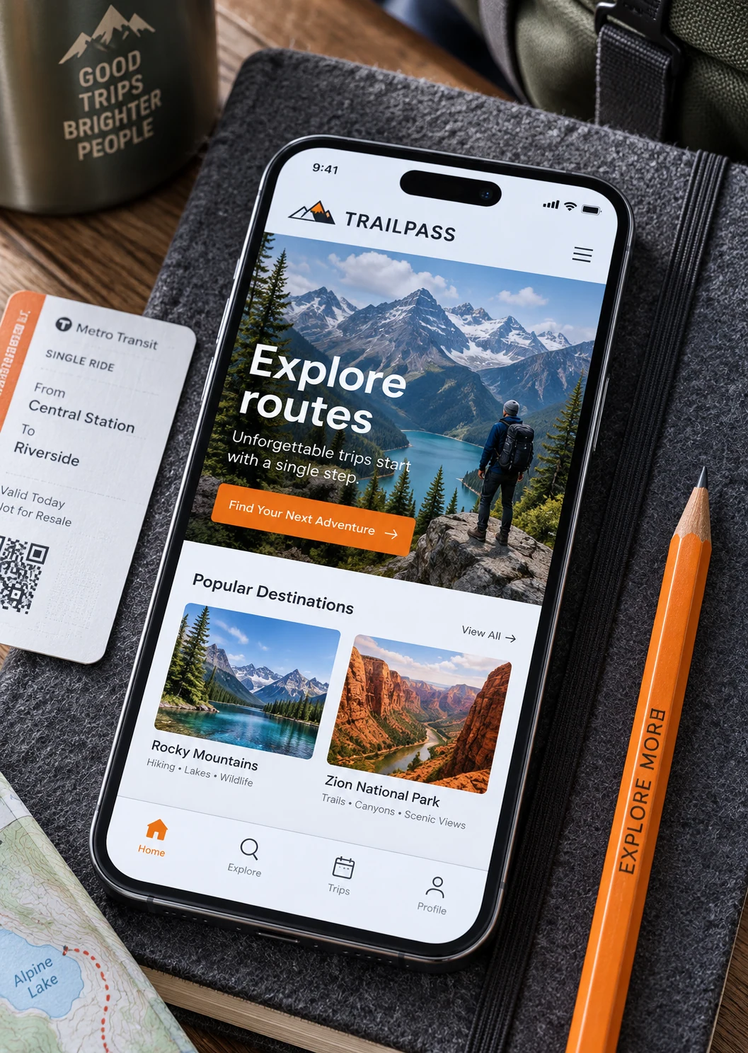A striking close vertical photograph of a smartphone resting diagonally on a charcoal felt notebook beside a transit ticket and a single orange pencil